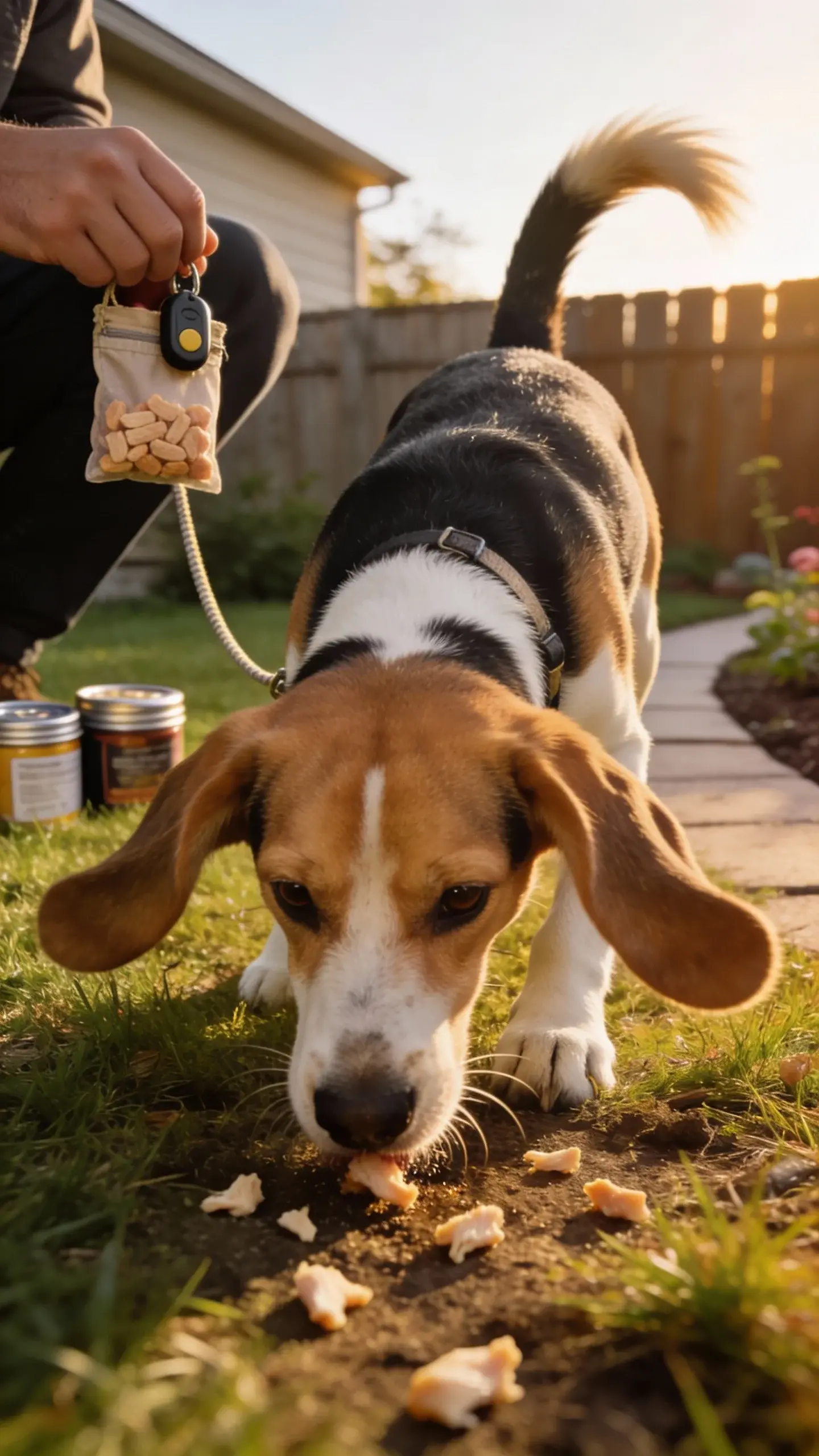 Close-up action shot of a young adult Beagle with classic tricolor coat (black saddle, white chest and paws, tan face and ears) outdoors in a grassy backyard during golden hour, nose to the ground following a scent trail of scattered tiny chicken pieces, long ears slightly flared mid-sniff, focused eyes, tail up and wagging; a patient owner’s hand is visible at knee level in the background holding a small pouch of soft, smelly training treats, clicker clipped to the pouch, a lightweight 15-foot long line trailing behind the Beagle for safety; include subtle details like a simple harness, a few nose-work containers or scent tins near a garden path, and a quiet suburban fence line; no text, natural colors, shallow depth of field highlighting the Beagle’s nose and whiskers.