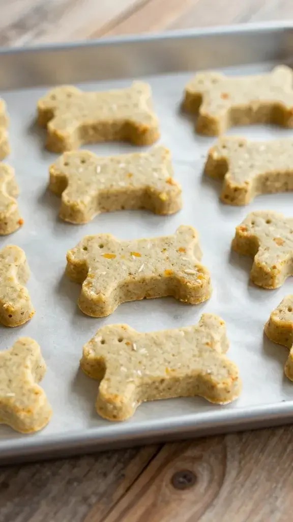 Closeup shot of a small baking sheet with neatly shaped flour-free dog treats arranged in a row, featuring visible specks of pumpkin and oats, on a rustic wooden surface with soft natural lighting and a shallow depth of field.