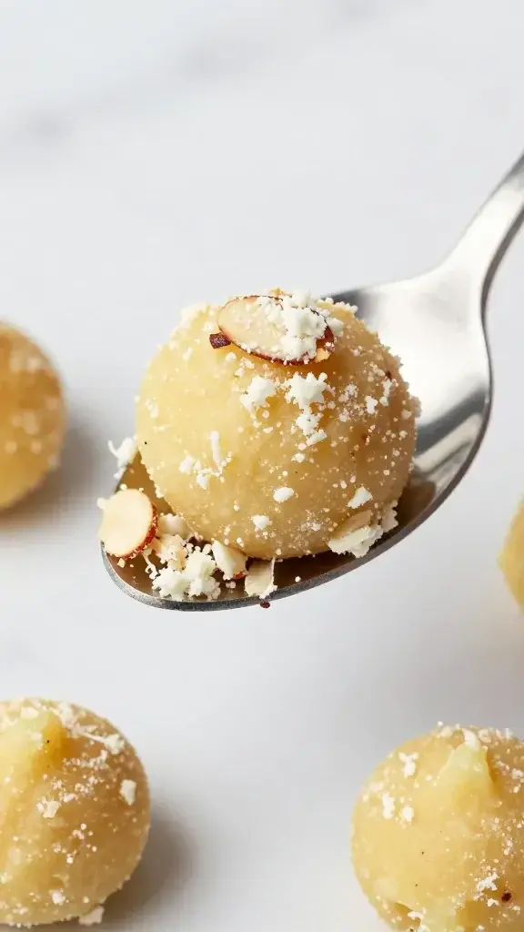 Macro image of a spoon scooping almond flour-based dough into tiny bite-sized treats, showing the textured blend of almond flour and mashed potatoes, on a light marble background with a subtle shadow.