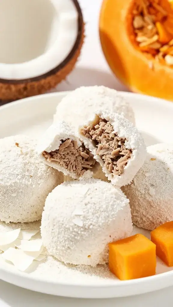 High-contrast closeup of a plate filled with grain-free treats made from coconut flour and ground meat, with a few pieces broken open to reveal a chewy interior, surrounded by whole ingredients like coconut flakes and diced pumpkin for color relevance.