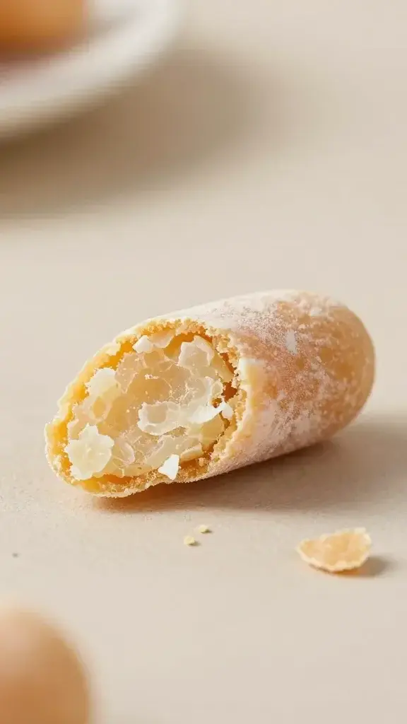 Close-up shot of a single freeze-dried treat sliced open to reveal a crisp, airy interior, resting on a neutral textured surface with a subtle natural light glow and tiny crumbs scattered around.
