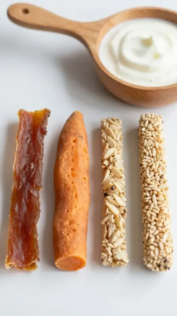 Close-up of a few natural, single-ingredient dog treats arranged in a neat row (e.g., duck jerky, sweet potato chews, or rice-based bites) with a subtle wooden scoop and a small bowl of plain yogurt off to the side, no dogs or text.