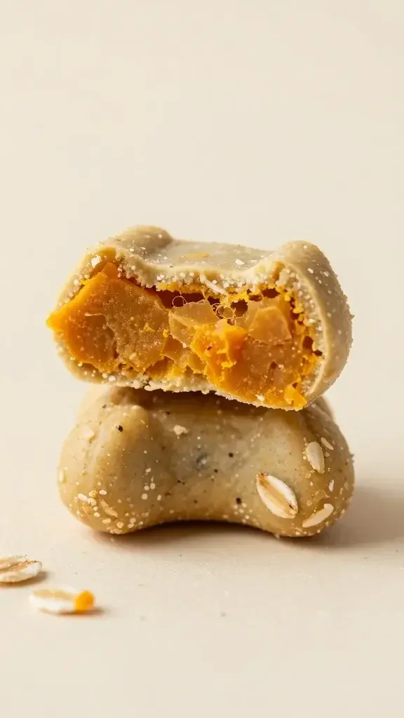 Macro image of a single allergen-friendly dog treat handcrafted from ingredients such as oats, pumpkin, and fish, broken in half to reveal its chewy interior, placed on a neutral background with subtle crumbs around to emphasize texture.