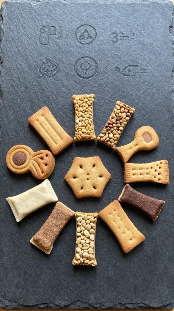 Artistic still-life of a small assortment of allergen-safe treats (e.g., limited-ingredient biscuits, grain-free bars, and dairy-free chews) arranged in a circular pattern on a slate board, with a few ingredient symbols lightly etched in the background to imply allergy-friendly options, no dogs or signs of pets in the frame.