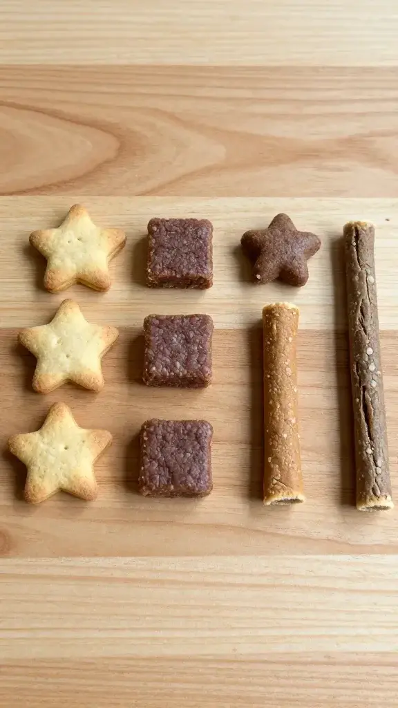 A close-up shot of a wooden surface with a handful of small, bite-sized dog treats arranged in a neat row, showcasing different shapes and textures (e.g., star-shaped biscuit, meaty squares, and crunchy sticks) with natural lighting and subtle shadows, no dogs present.