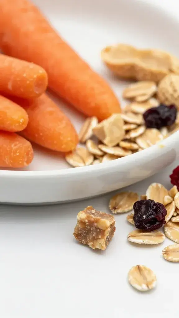 A macro shot of assorted dog treat ingredients spilled on a clean ceramic dish: tiny carrots, oats, peanut chunks, and a few driedberry pieces, highlighting textures and colors, shallow depth of field focusing on the foreground ingredient.