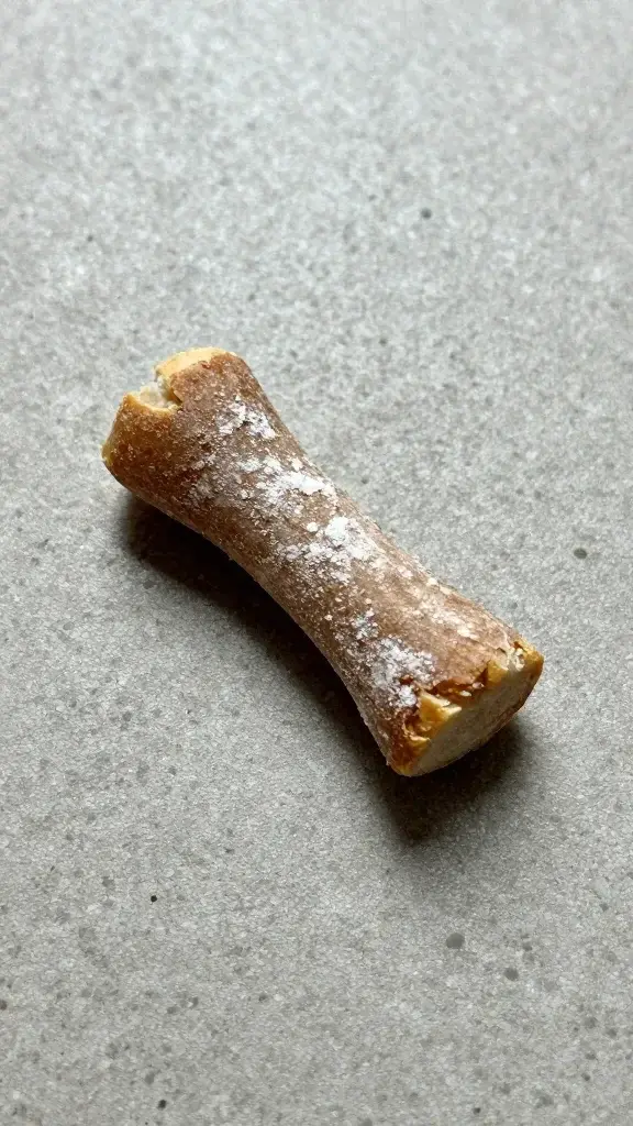 A high-contrast close-up of a single low-calorie dental treat resting on a textured countertop, with visible surface details like tiny grains, crisp edges, and a light dusting of powder, all without any animals in frame.