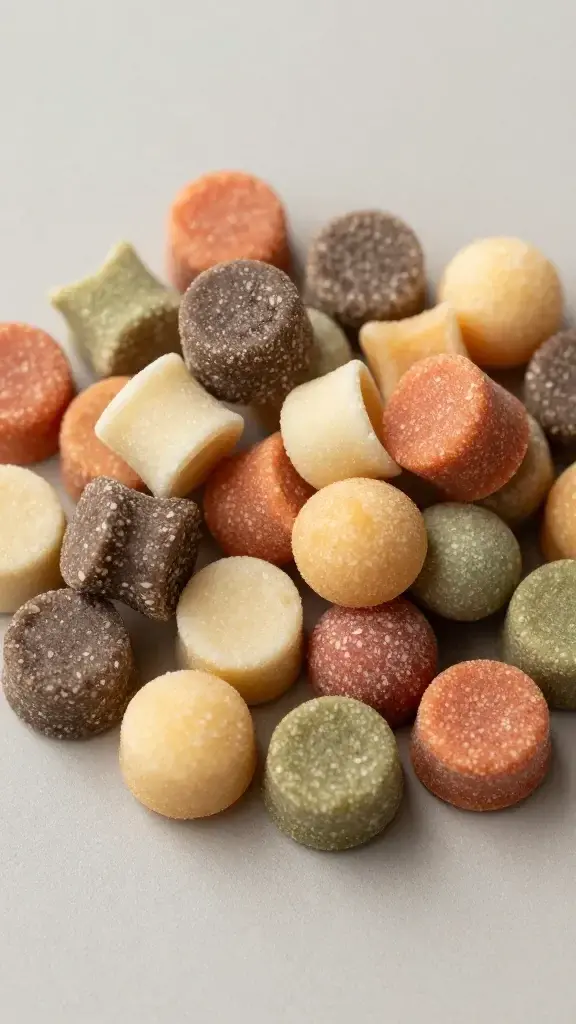 A close-up of a small pile of bite-sized training treats arranged on a neutral surface, showing varied textures (soft chews, crunchy bites) with clear, sharp focus on the textures and colors, no packaging or branding in view.