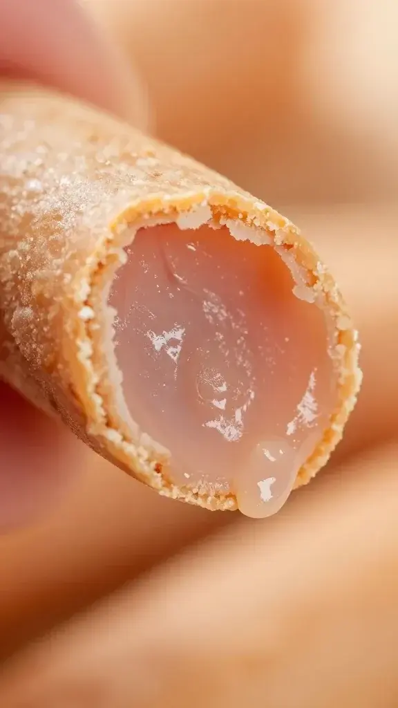 An extreme close-up of a single training treat split open to reveal a soft, moist interior and a slightly crumbly exterior, captured with macro lighting to emphasize moisture, color gradients, and surface details; background blurred and unobtrusive.