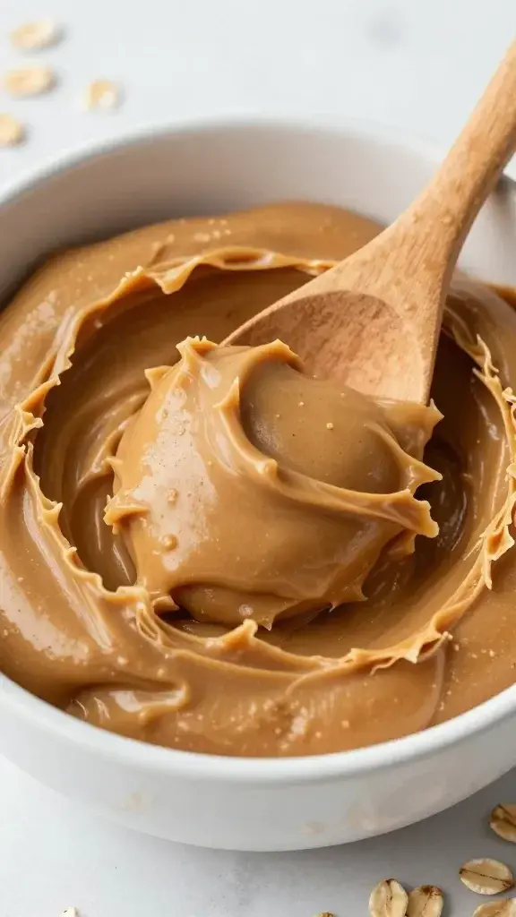 Closeup of a bowl filled with chunky peanut butter and oats, with a wooden spoon scooping in a swirl, light natural kitchen lighting and a few rolled oats scattered around the edge.