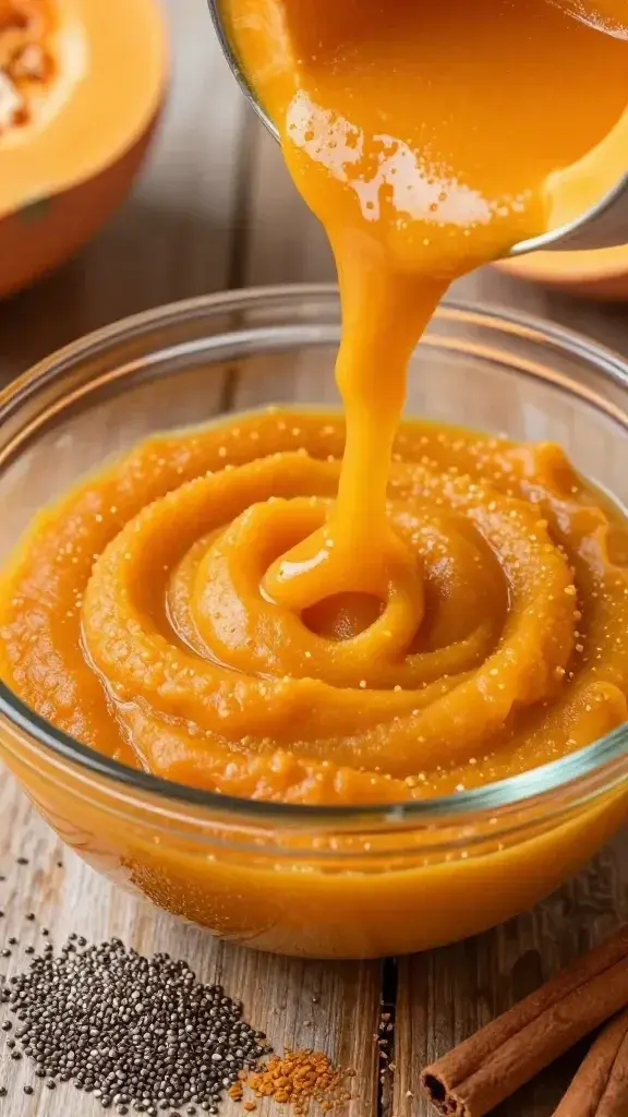 Closeup of vibrant pumpkin puree being measured into a mixing bowl, with chia seeds and cinnamon sprinkled nearby on a rustic wooden surface, focus on the smooth orange texture.