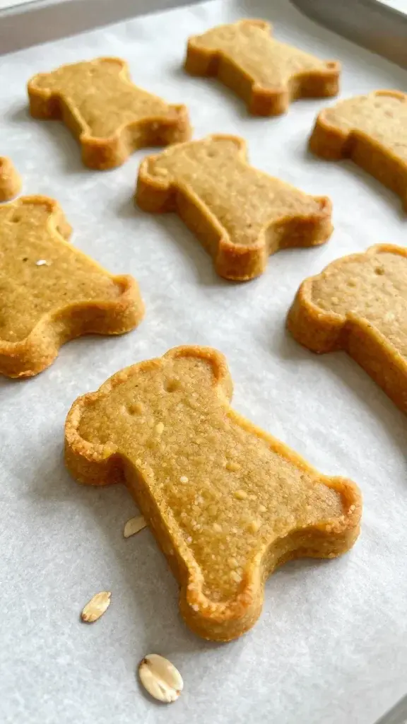Closeup of homemade dog treat shapes (pumpkin peanut butter biscuits) on a parchment-lined sheet, showing the golden-brown crust and texture detail, with a sprinkle of oats in the foreground and soft kitchen lighting.