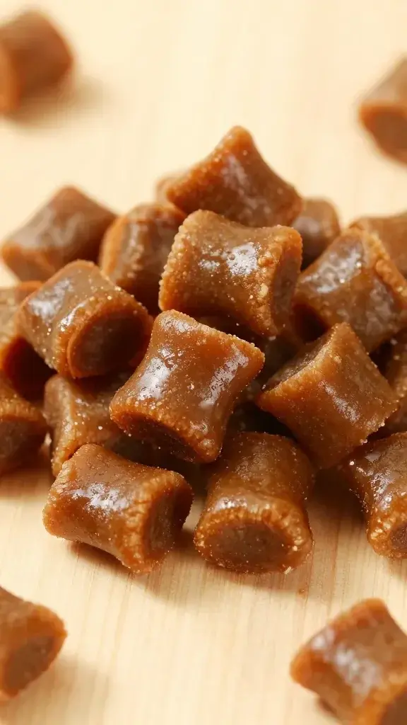 Close-up shot of a glossy pile of soft dog treat pieces on a light wooden surface, highlighting their moist, chewy texture with subtle shine and visible, simple, pronounceable ingredients scattered around for context.