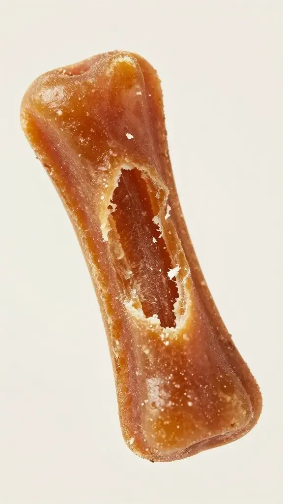 Ultra-close macro image of a single soft dog treat being gently torn apart, showing its inner chewy texture and moisture, with a transparent background or neutral backdrop to emphasize the treat’s pliability and subtle gelatin-like sheen.