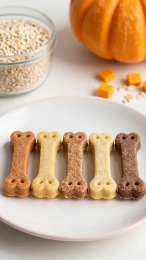 A still-life composition featuring a small assortment of soft dog treats arranged in a neat row on a pastel plate, with a background of blurred natural ingredients (pearl barley, pumpkin bits, oats) to imply simple ingredients and wholesome composition, no dogs or labels in view.