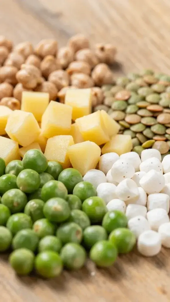 Close-up shot of a variety of grain-free dog treat ingredients spread on a textured wooden surface: mashed peas, diced potatoes, chickpeas, lentils, and tapioca pearls, with a shallow depth of field focusing on the vibrant colors and textures of the ingredients (no dogs, no text).
