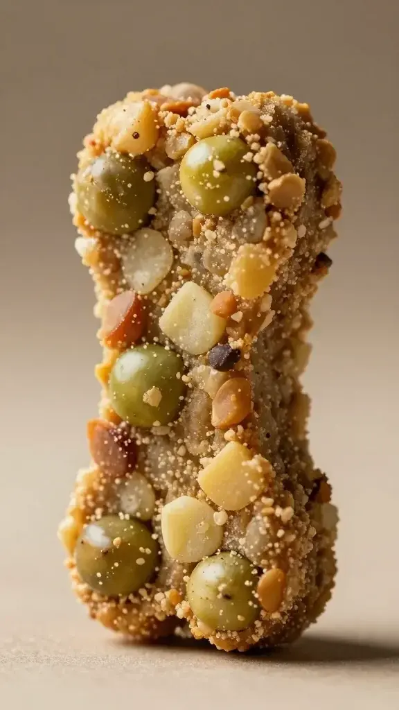 Close-up of a single grain-free dog treat close to the camera lens, showing its crumbly texture and visible inclusions (peas, potato bits, lentil fragments) on a neutral background, with dramatic macro lighting to highlight surface detail (no dogs, no text).