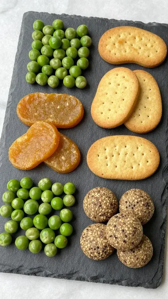 Still-life composition of an assortment of grain-free treats arranged on a slate board or marble slab, featuring different shapes and colors (green pea morsels, amber potato-based biscuits, speckled lentil bites), shot from a slight aerial angle to emphasize variety and texture (no dogs, no text).