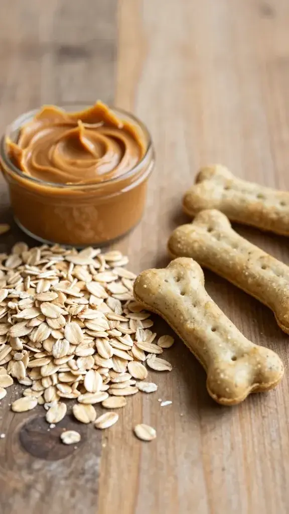 Close-up shot of a rustic wooden surface sprinkled with rolled oats and a small scoop of peanut butter, with a few oat-based dog treats shaped like bones arranged neatly beside them; natural warm lighting and shallow depth of field.