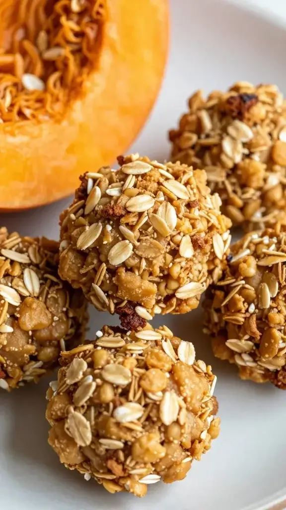 Intimate close-up of golden-brown oatmeal-based treats resting on a light-colored plate, with a partial view of pumpkin puree swirls in the background, emphasizing color contrast and crusty edges.