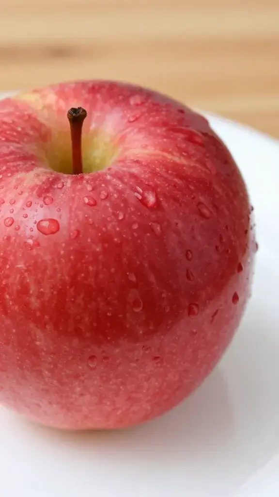 Close-up of a vibrant red apple slice resting on a white plate, tiny droplets of water on the surface to emphasize freshness, shallow depth of field with a blurred wooden table background, no dogs or text in the frame.