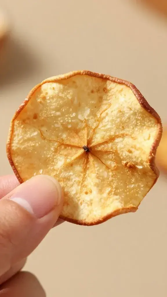 Close-up of a single crispy apple chip being held between two fingers, intricate texture of the dehydrated surface visible, warm lighting to bring out the golden-brown tones, plain blurred backdrop with no branding or text.