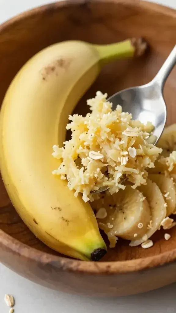 Close-up of a ripe banana being mashed in a wooden bowl, with a spoon and a few small white oats scattered nearby, soft natural lighting, no text or dogs in frame.