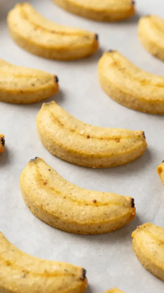 Close-up shot of banana-based dog treats on a baking sheet, showing a golden-brown, slightly textured surface, tiny specks of oats and pumpkin puree visible, studio-style lighting, no dogs or text.