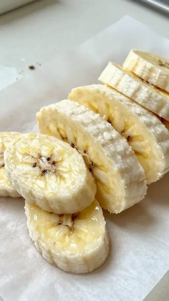 Close-up of a stack of pale-yellow frozen banana slices arranged on parchment paper, glistening slightly, with a subtle backdrop of a light kitchen counter and a few cinnamon dust specks, no animals or words.