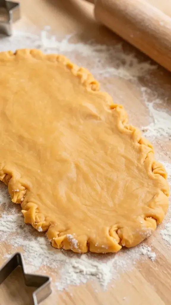 Close-up of homemade sweet potato dog treat dough being rolled out on a wooden surface, hand-veined flour dust, a rolling pin and cookie cutters partially visible, highlighting the dough’s vibrant orange color and soft texture.