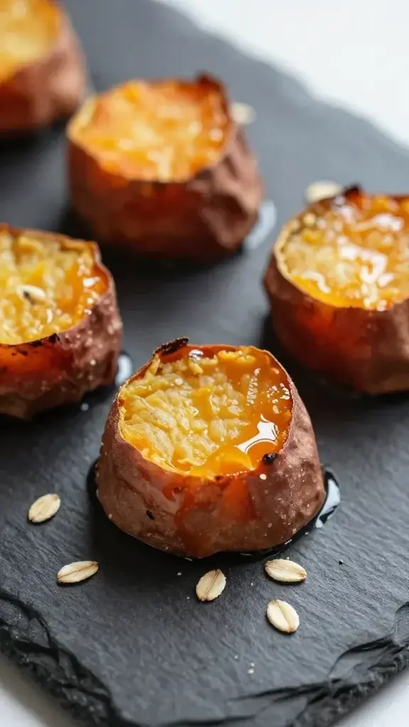 Close-up macro shot of baked sweet potato bite-sized treats on a dark slate plate, with a few tiny oats sprinkled around and a subtle glossy finish from a light glaze, emphasizing crisp edges and chewy interior.