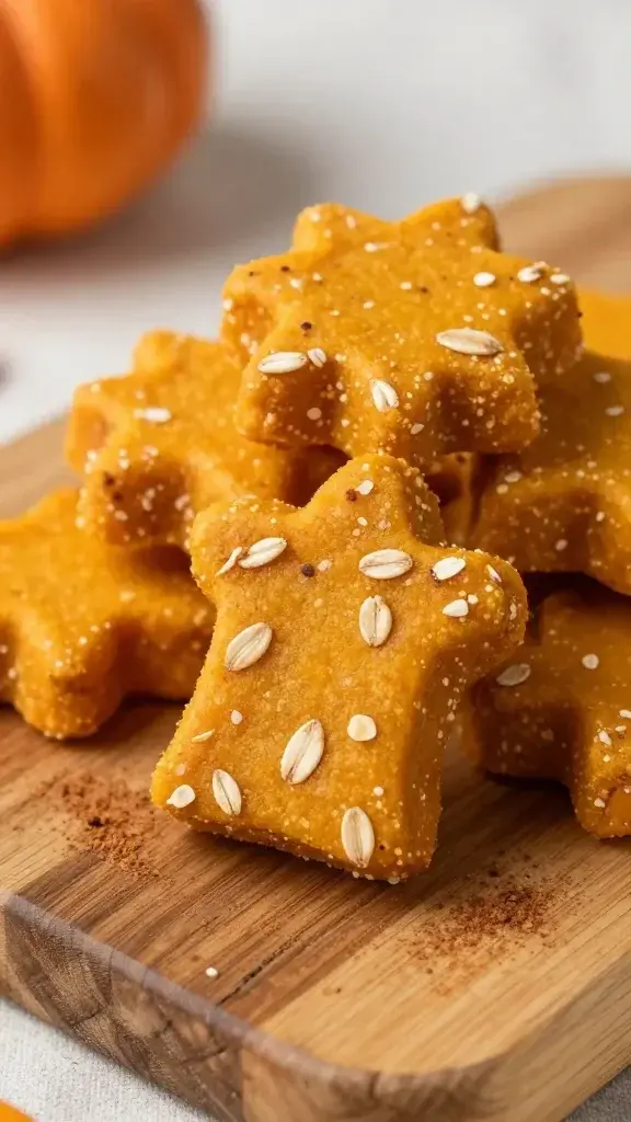 A close-up shot of a pristine pile of homemade pumpkin dog treats on a rustic wooden board, featuring textured orange pumpkin biscuits with oats and visible pumpkin puree, scattered cinnamon dust, and a shallow depth of field that softens the background.