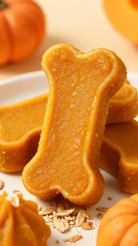 Artistic close-up of a small cluster of pumpkin-flavored bone-shaped treats sliced open to reveal a moist, dense orange interior, surrounded by pumpkin puree scoops and a sprinkle of crushed oats, all shot from a slight angle to highlight layers and moisture.