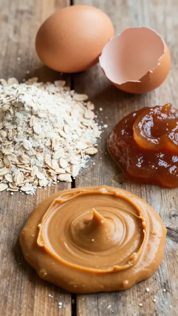 Close-up shot of a rustic wooden surface spread with a thick, glossy dollop of peanut butter next to a few grain-free oat flour, a cracked egg, and a hesitant splash of unsweetened applesauce, all arranged to highlight the key ingredients without any text or dogs in frame.