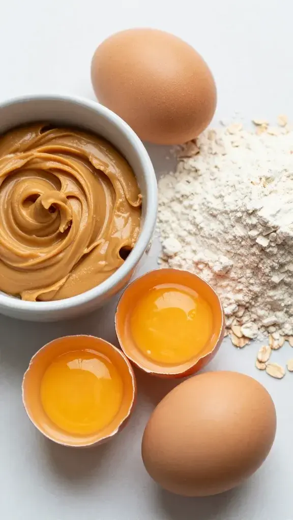 Intimate close-up of raw ingredients pre-mix: a small bowl of unsweetened peanut butter next to a scoop of whole wheat flour, two whole eggs cracked open with egg yolks visible, and a few oats, all arranged in a visually pleasing, lightly fanned composition on a clean surface.