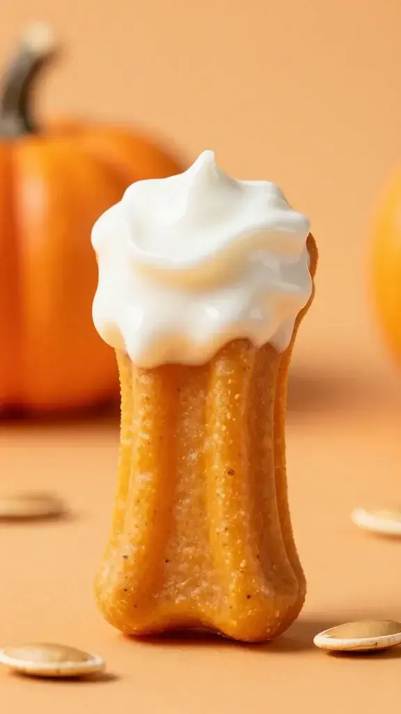 Ultra-close macro of a single pumpkin treat half-dipped in creamy yogurt glaze, with visible pumpkin flecks, seeds around the base, and a warm orange-toned bokeh background to emphasize the glaze shine and texture.