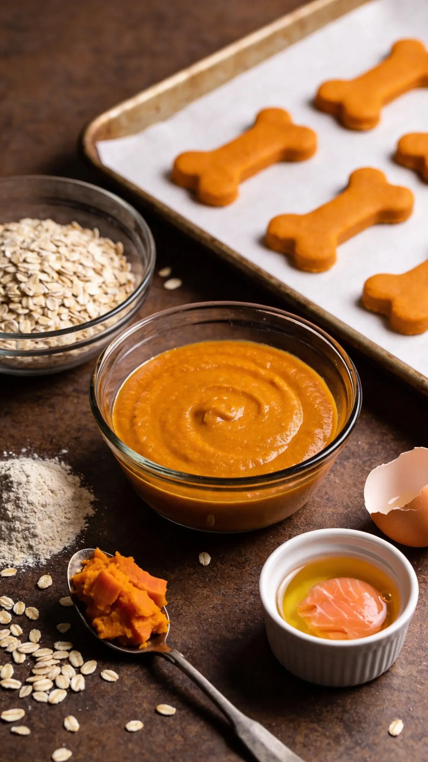 Close-up, natural light, rustic kitchen countertop scene featuring allergy-friendly pumpkin dog treats being prepared: a glass bowl of smooth, plain pumpkin puree, a small mound of oat flour, a spoonful of mashed sweet potato, a drizzle of salmon oil in a tiny ramekin, and a cracked egg with shell nearby; include a baking sheet lined with parchment holding a few bone-shaped cutouts of the orange dough, some rolled oats sprinkled around for texture; warm, cozy autumn color palette with soft shadows, shallow depth of field, no text, no human hands, high-resolution food photography style.