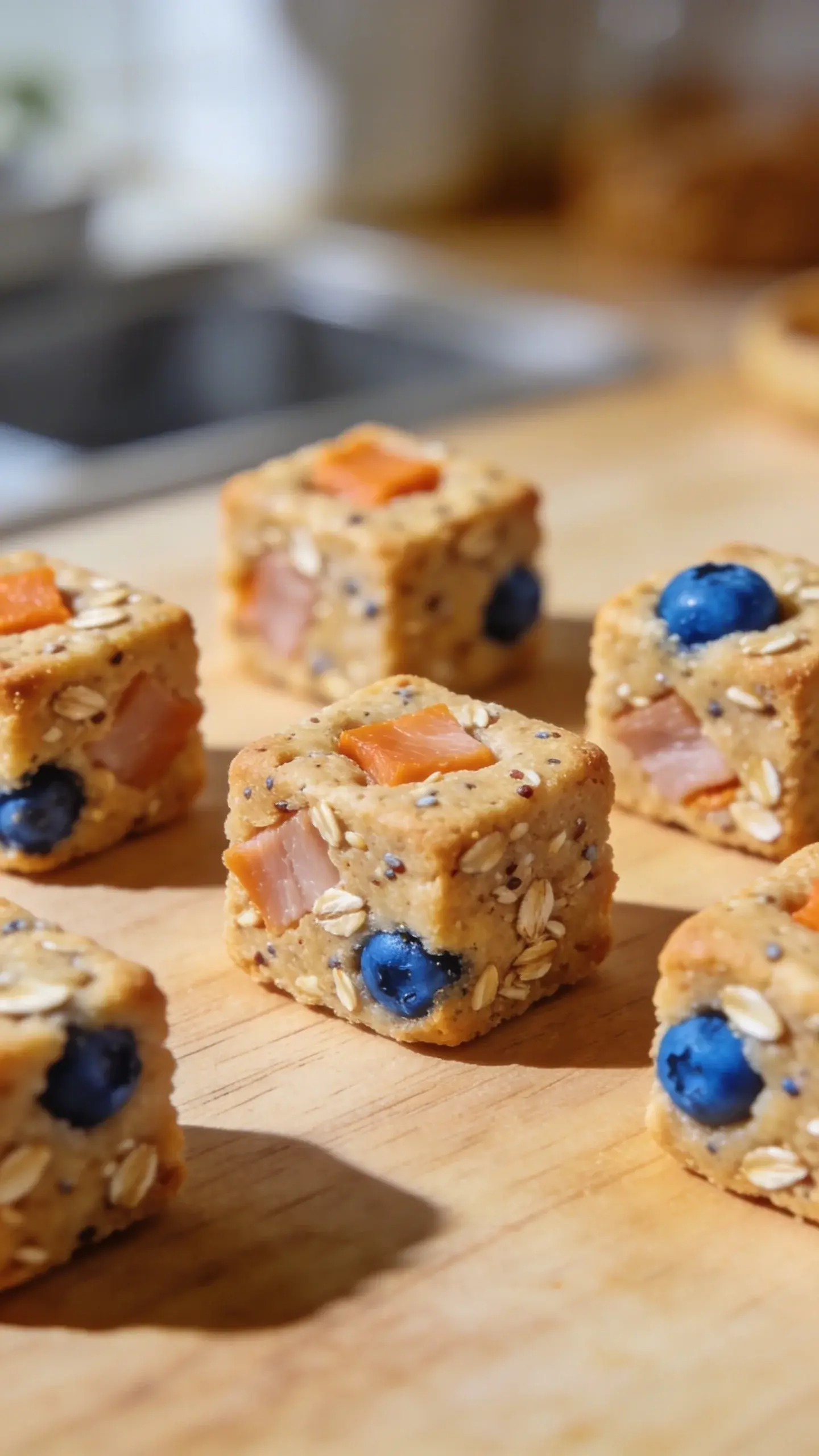 A close-up of freshly baked mini cube dog treats arranged on a light wooden surface, showing small orange-tinted turkey, speckled oats, and bright blueberries baked into tiny square blocks, with a shallow depth of field and a soft, natural kitchen background (no text).