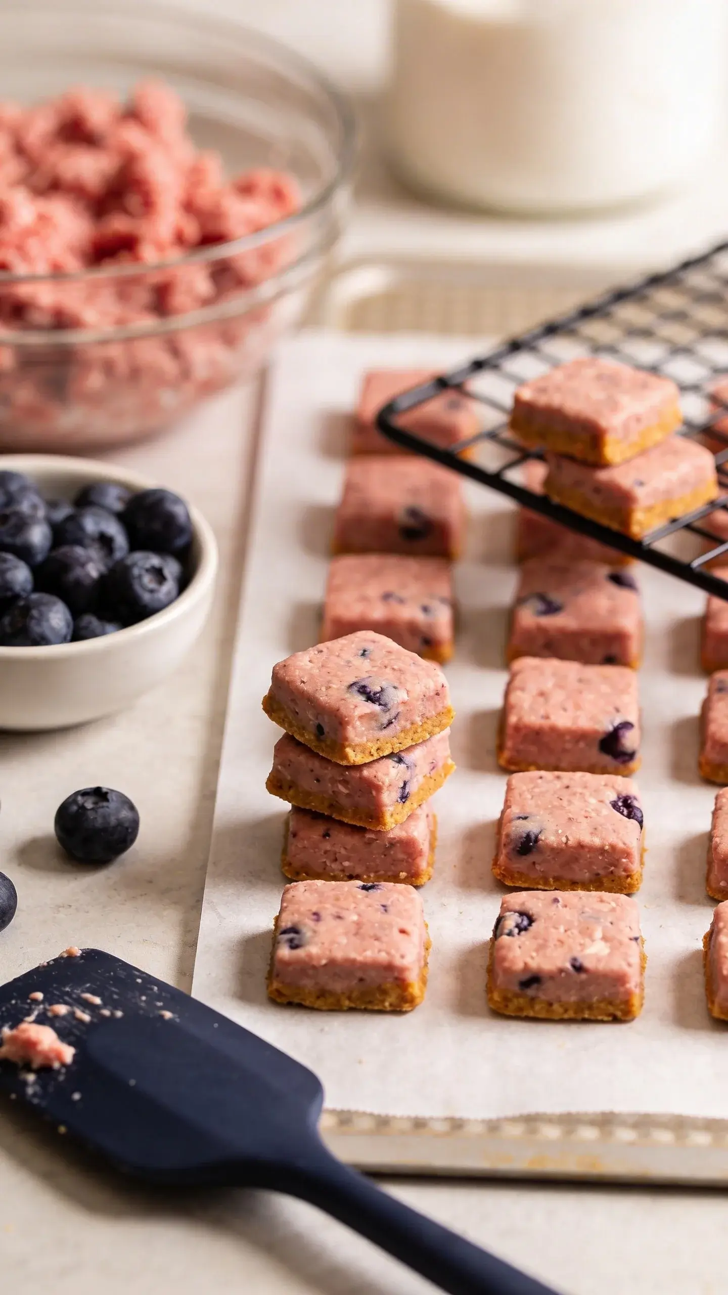 Close-up, natural light food photography of small square dog training treats made from ground turkey and blueberries on a parchment-lined baking sheet. The treats are uniform 1-inch squares with a slightly textured, baked surface—golden-brown edges with visible embedded blueberry specks. Surround the scene with a small bowl of fresh blueberries, a portion of raw ground turkey in a glass bowl off to the side (blurred background), and a silicone spatula with a faint smear of mixture. Include a cooling rack with a few squares stacked neatly to show clean edges and non-greasy finish. Soft, warm kitchen tones, shallow depth of field, no text.