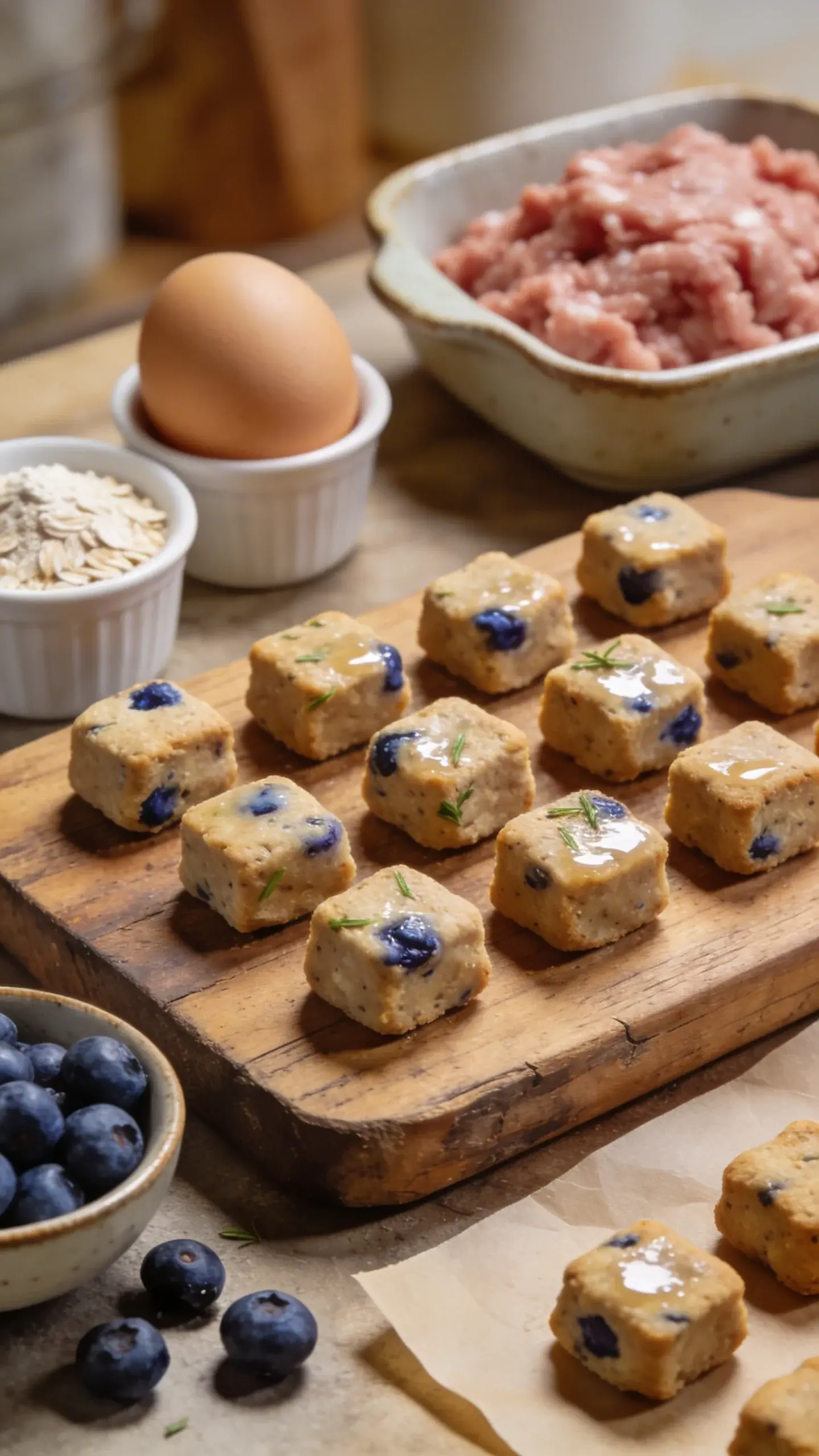 Ultra-detailed, natural light close-up on a rustic wooden cutting board showing freshly baked bite-sized dog training treats made from ground turkey and blueberries: tiny soft nugget squares with a moist, slightly glossy surface, visible flecks of blueberry and herbs, a small bowl of raw blueberries spilling nearby, a portion of raw lean ground turkey in a ceramic dish in the background, an egg and oat flour in small ramekins, parchment paper with a few cooling nuggets, shallow depth of field, warm kitchen ambiance, no labels or text, cozy home cooking vibe.