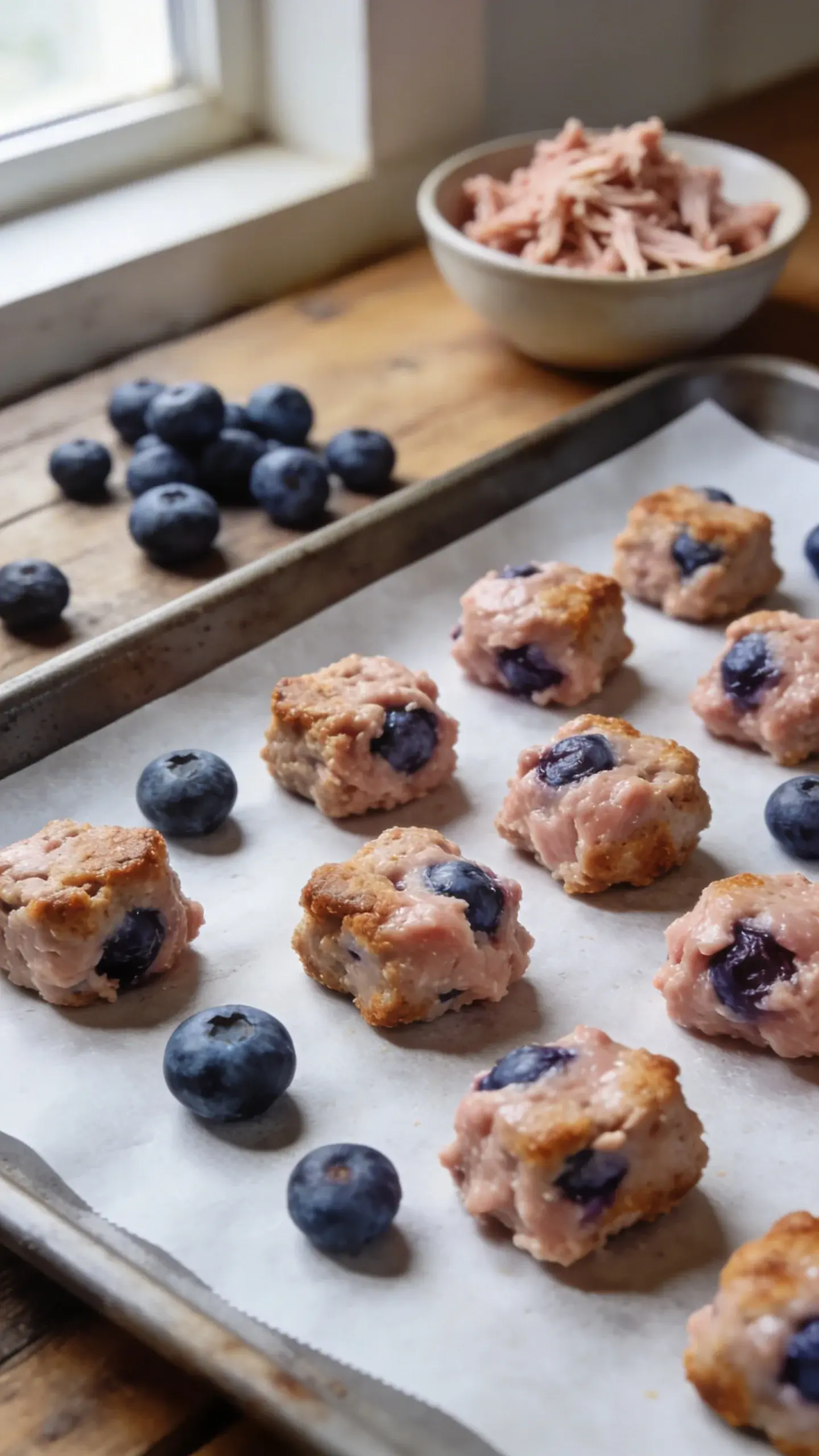 Close-up food photography of homemade dog training treats made from ground turkey and fresh blueberries on a parchment-lined baking sheet: small, soft, bite-sized nuggets with visible blueberry pieces and a lightly browned, juicy turkey exterior; scattered raw blueberries and a small bowl of cooked, shredded turkey in the background; warm natural window light, shallow depth of field, high detail, rustic wooden countertop, no text, clean and appetizing composition.