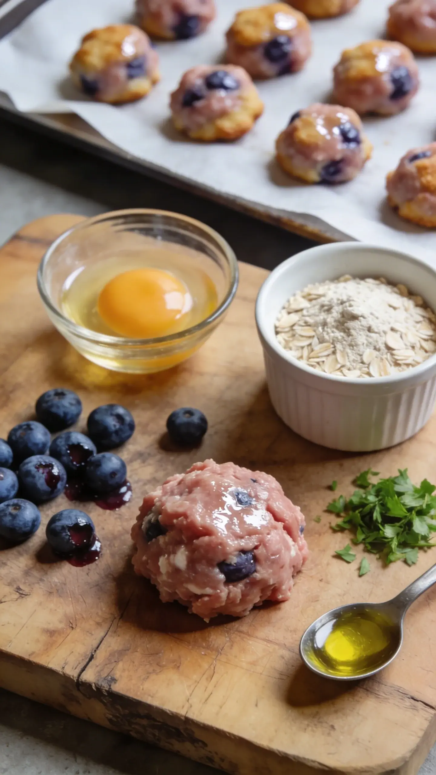 Extreme close-up, overhead shot on a rustic wooden cutting board featuring ingredients for homemade soft dog training treats: a small mound of freshly ground turkey with visible moisture sheen, a scatter of plump fresh blueberries (some slightly burst with juice), a cracked egg with yolk in a small glass bowl, a ramekin of oat flour, a sprinkle of finely chopped parsley, and a drizzle of olive oil in a tiny spoon; in the background, a parchment-lined baking tray with bite-sized, soft, slightly glossy turkey-blueberry morsels, warm and just baked; natural window light, shallow depth of field, no text, clean, appetizing, cozy kitchen vibe.