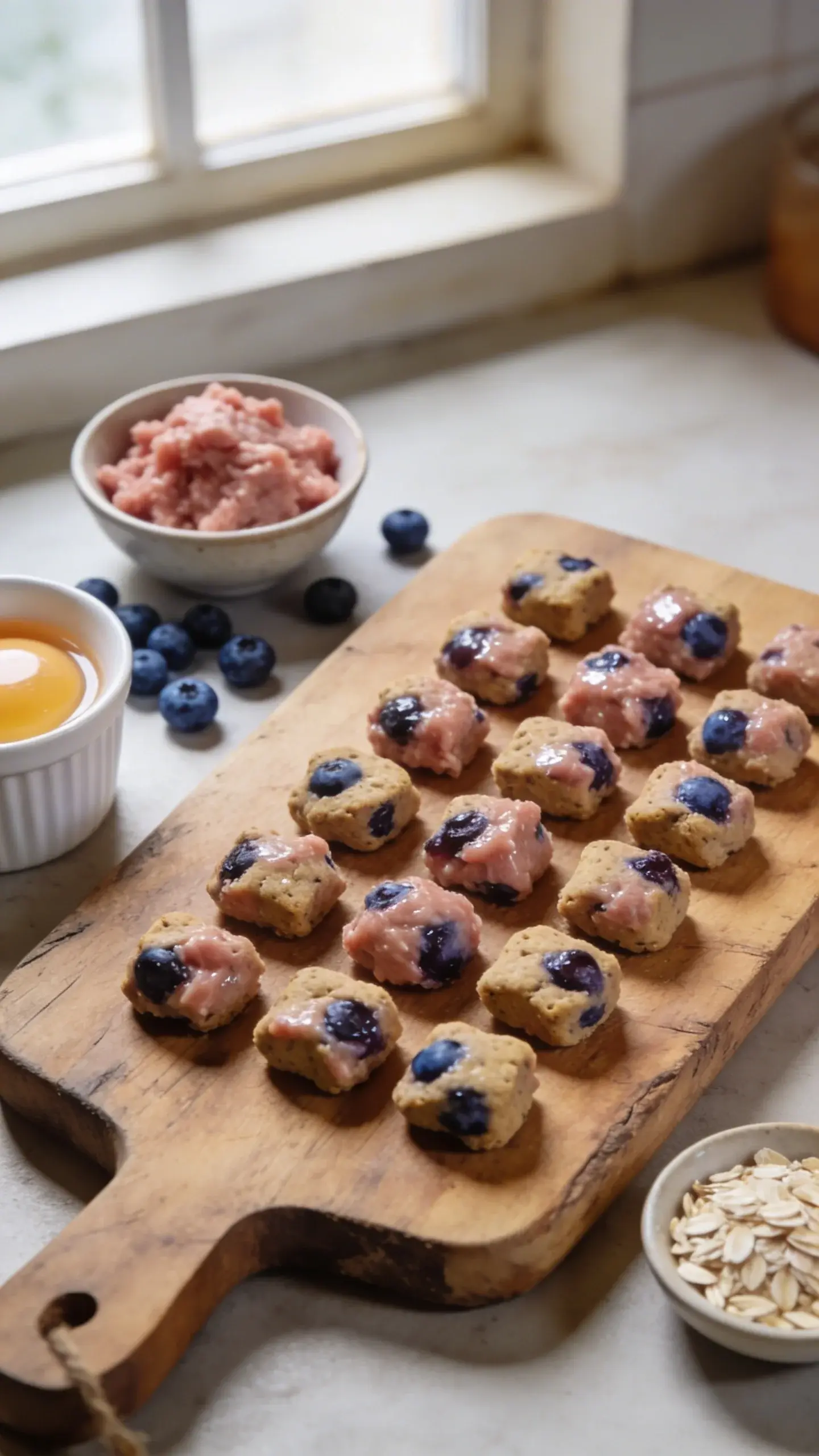Ultra-closeup, overhead shot of a rustic wooden cutting board with neat rows of tiny, soft-baked dog training treats made from ground turkey and blueberries; visible juicy blueberry bits throughout each mini treat, slightly glossy from natural moisture; surrounding ingredients arranged organically: a small bowl of raw ground turkey, a handful of fresh blueberries scattered, a cracked egg in a ramekin, a pinch of rolled oats in a tiny dish; warm natural window light, shallow depth of field highlighting texture, no text, clean kitchen backdrop softly blurred.
