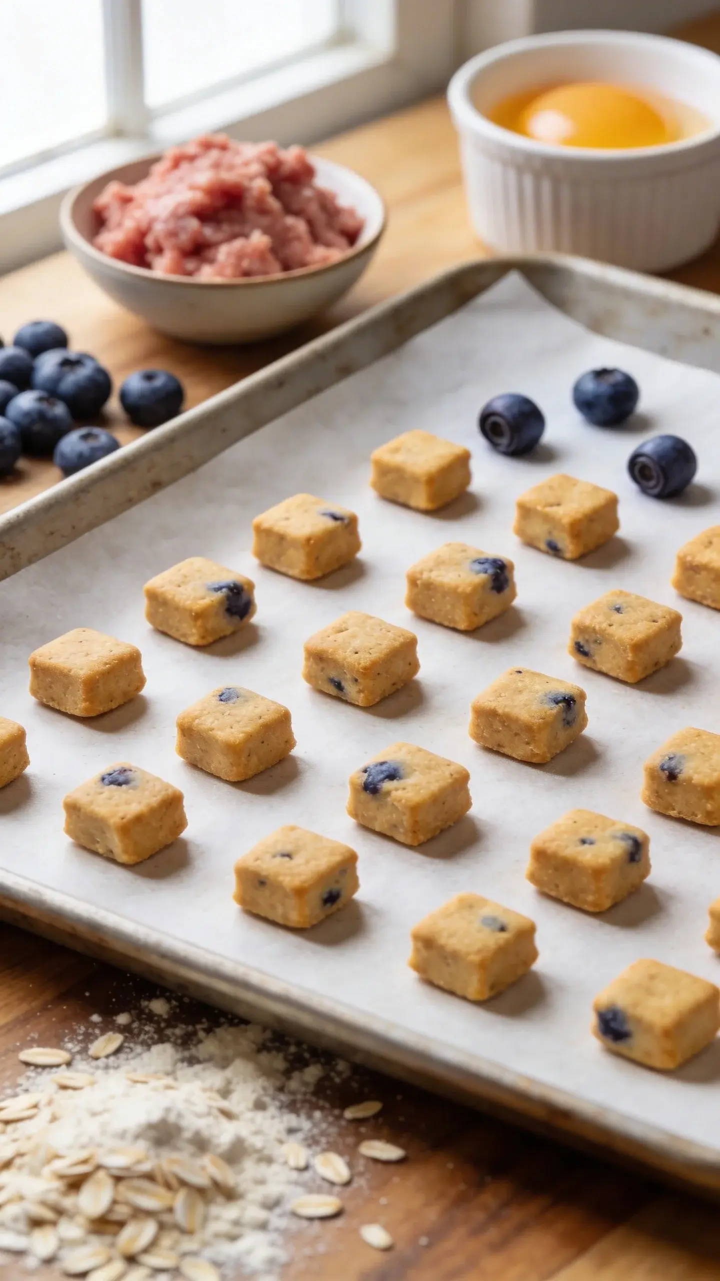 Ultra close-up, overhead food photography of freshly baked small square dog training treats made from turkey and blueberries on a parchment-lined baking sheet. The tiny quarter-inch squares are golden-brown, slightly soft-looking with a matte finish, some showing subtle blueberry specks. Surround the sheet with scattered raw ingredients: a small bowl of ground turkey, a handful of fresh blueberries with a few rolled onto the parchment, a cracked egg in a ramekin, and a dusting of oat flour on a wooden surface. Natural window light from the left, shallow depth of field to emphasize texture, no text, clean kitchen aesthetic.