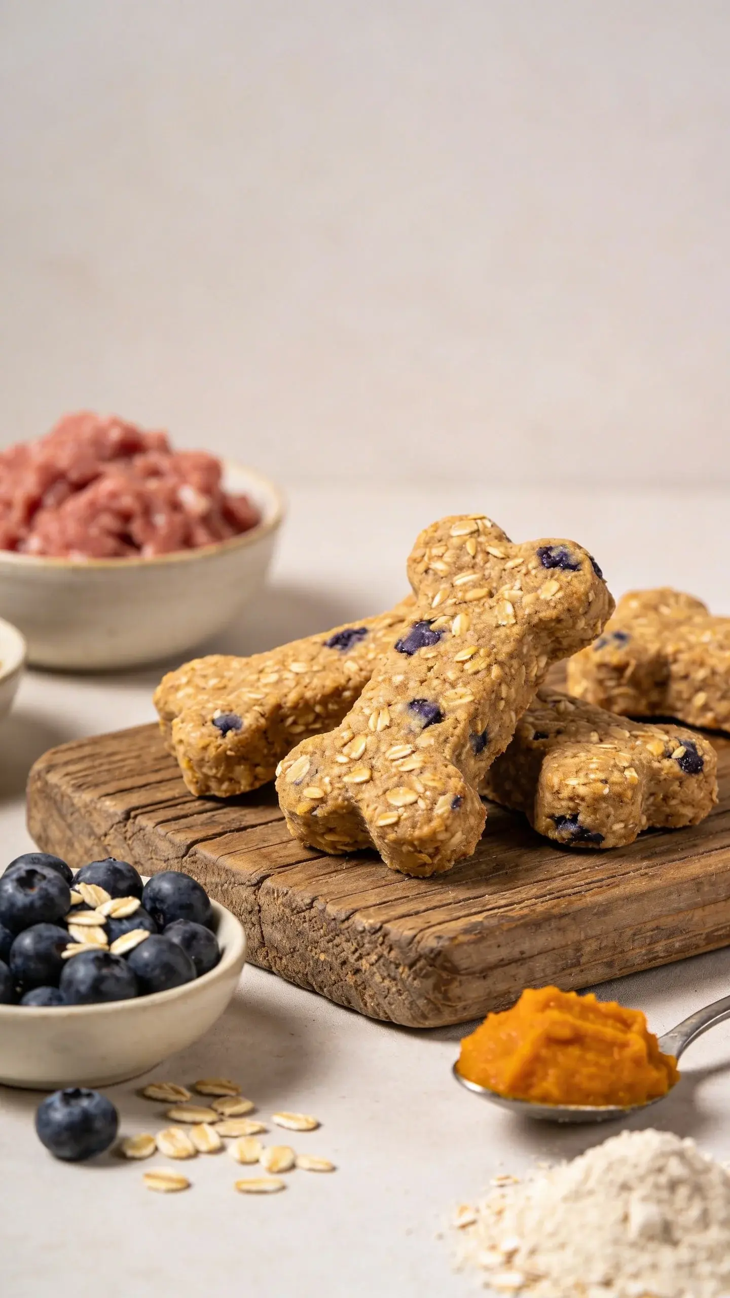 Close-up food photography of freshly baked homemade dog treats made from ground turkey, blueberries, pumpkin, and oat flour on a rustic wooden surface. Show chunky oat-textured, bone-shaped biscuits with visible blueberry pieces and a slightly golden, matte finish. Surround with small bowls of raw ingredients: a bowl of ground turkey, a handful of fresh blueberries with a few rolled oats scattered, a spoonful of pumpkin puree, and a small pile of oat flour. Natural soft daylight from the side, shallow depth of field, clean, minimal background in warm neutral tones, no text, high-resolution.