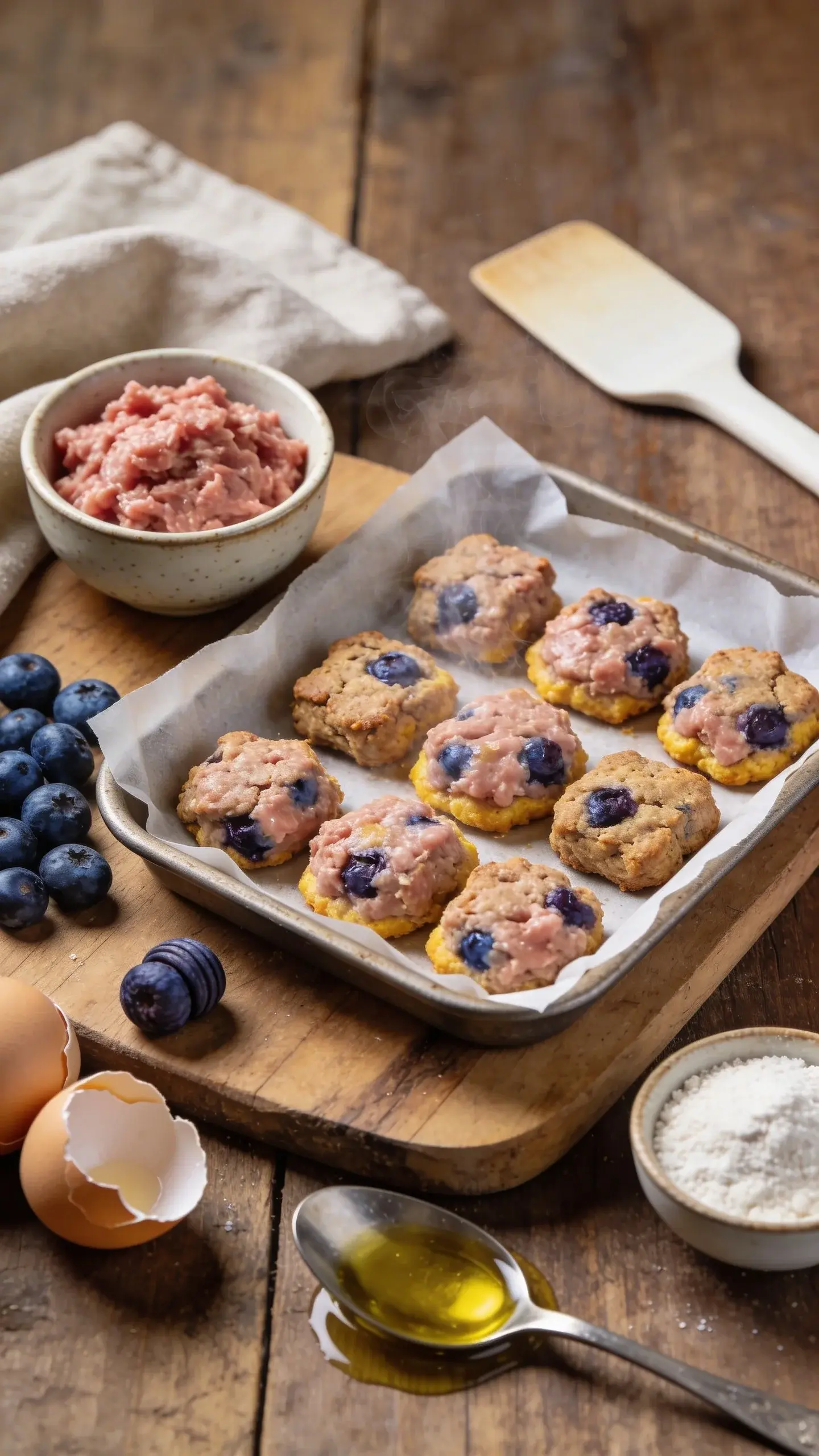 Ultra-closeup, soft natural daylight on a rustic wooden kitchen surface: a small parchment-lined baking tray of freshly baked grain-free dog treats made from lean ground turkey and blueberries, slightly golden on the edges, moist and meaty inside with visible blueberry bursts. Surround the tray with the five simple ingredients neatly styled: a mound of raw ground turkey in a small ceramic bowl, a handful of fresh blueberries with a few rolled across the board, one cracked egg with shell halves nearby, a small pinch bowl of coconut flour, and a drizzle-ready spoon of olive oil. Add subtle steam rising from the warm treats, minimal props (neutral linen, simple spatula), shallow depth of field, high-resolution food photography, no text, cozy home-kitchen vibe.