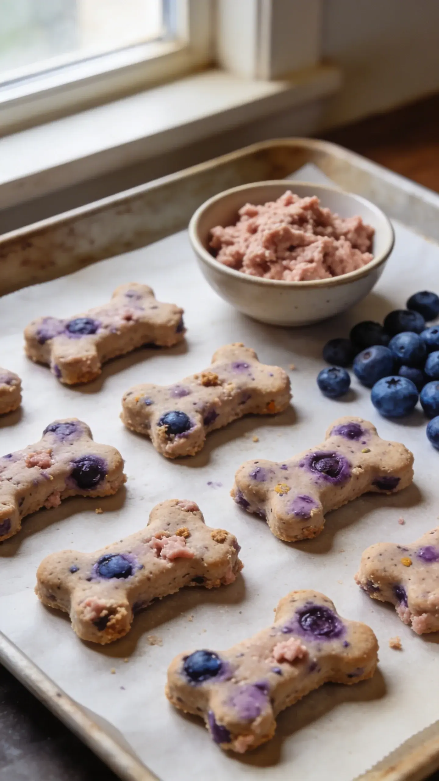 Close-up, rustic kitchen scene featuring freshly baked homemade dog treats made with turkey and blueberries: small bone-shaped biscuits on a parchment-lined baking sheet, visibly speckled with purple blueberry bits and flecks of ground turkey; a small bowl of cooked unseasoned ground turkey and a handful of fresh blueberries scattered nearby; warm natural window light, shallow depth of field highlighting texture and crumb of the treats, soft neutral tones with pops of blueberry purple, no text, high-resolution food photography style.