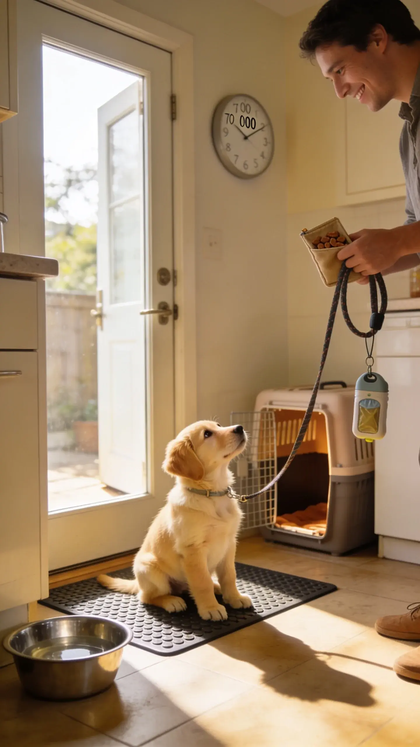 A realistic photo of a cozy, sunlit kitchen in the morning with a young 10–12 week old golden retriever puppy sitting attentively on a small rubber mat by a back door, looking up at a smiling owner holding a leash and a treat pouch; a stainless steel water bowl nearby, a soft crate with the door open in the background, a simple wall clock showing 7:00 AM, and a potty bag dispenser clipped to the leash—scene conveys a calm, structured routine and readiness for a scheduled potty break; natural lighting, shallow depth of field, high detail, no text.