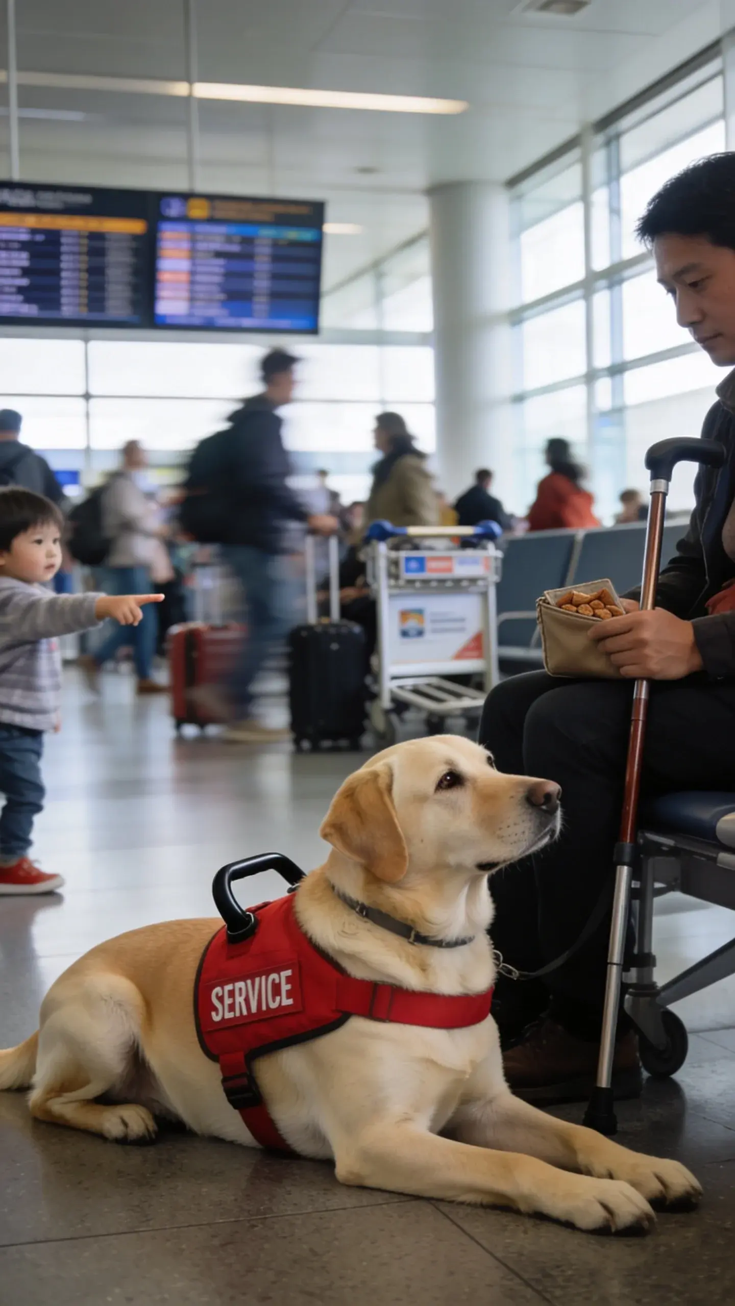 Realistic photo of a calm, medium-large Labrador Retriever wearing a clean, red service dog vest with a sturdy handle, lying in a relaxed down-stay beside a seated handler in a crowded airport terminal; background shows motion-blurred travelers with rolling suitcases, overhead flight boards, and bright natural light from large windows; the dog maintains soft eye contact with the handler holding a discreet treat pouch and a mobility cane, ignoring distractions like a child pointing and a nearby service cart; neutral, true-to-life colors, shallow depth of field focusing sharply on the dog’s composed expression and fitted gear, candid documentary style.