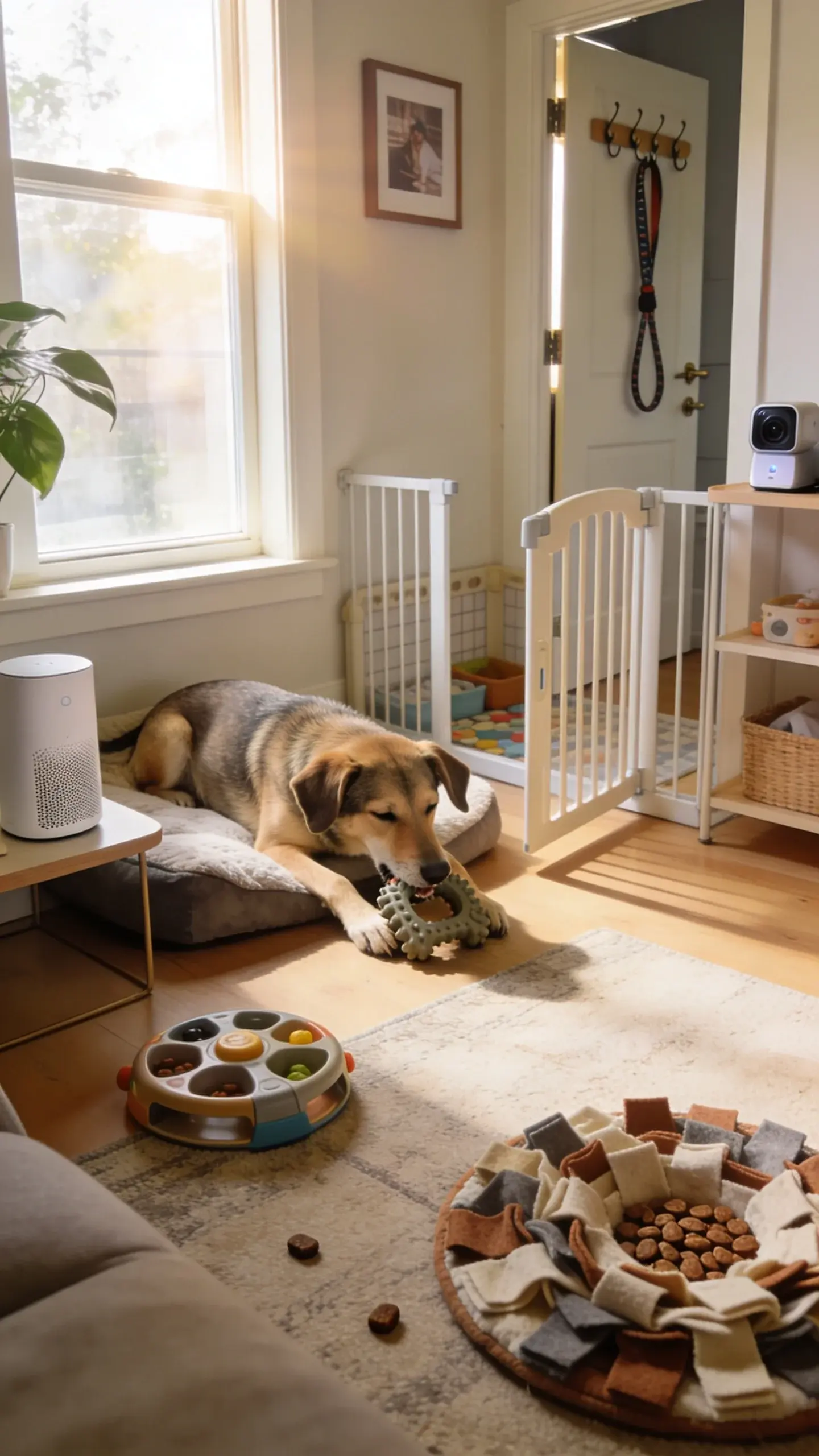 Realistic photo of a medium-sized mixed-breed dog lying calmly on a cozy dog bed near a sunlit living room window, soft morning light streaming in. The dog has a relaxed body posture, loose ears, and half-closed eyes, chewing a durable rubber chew toy. Around the room are subtle signs of a “calm-alone” setup: a food puzzle toy partly solved on a rug, a snuffle mat with a few kibble pieces visible, a white noise machine on a side table, and a baby gate open to a safe, tidy space. In the background, a door is slightly ajar with a leash hanging on a hook, and a camera pet monitor sits on a shelf. The decor is modern and warm: neutral tones, indoor plant, framed photo on the wall. No humans present, no text, natural lighting, high detail.